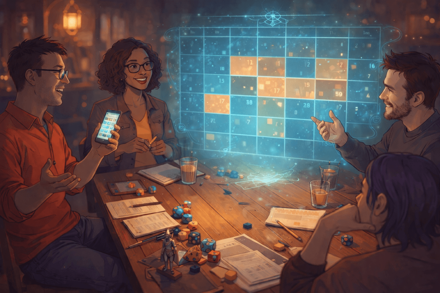 Fantasy adventurers preparing at a table